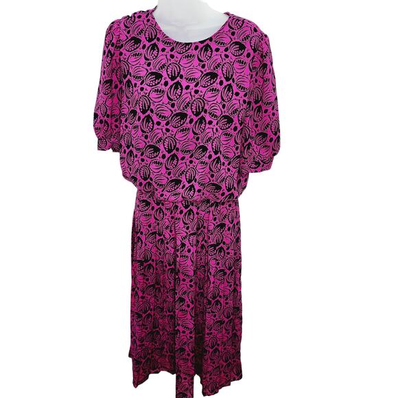 Vintage 80s Items Purple & Black Print Puff Short Sleeve Drop Waist Midi  Dress - Picture 1 of 11